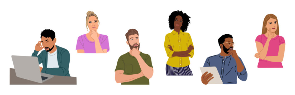 Thinking people collection. Set of Confused men and women in doubts. Puzzled pensive people with serious thoughtful expression. Cartoon vector characters illustrations on transparent background.