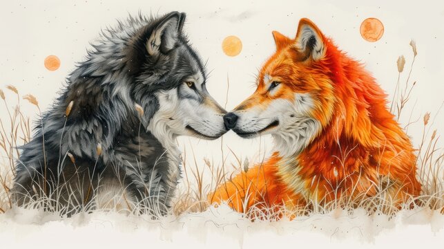 a painting of two wolfs facing each other in front of a background of orange and white polka dotes.