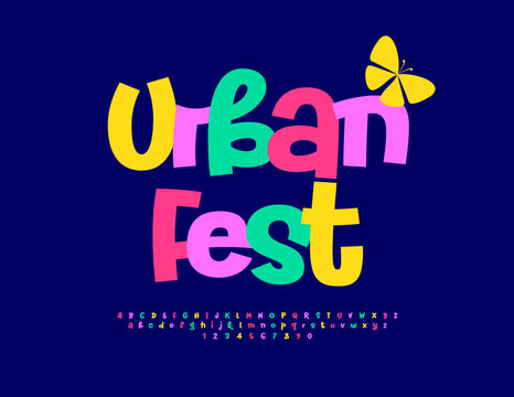 Vector playful logo Urban Fest.  Funny Handwritten Font. Cool Alphabet Letters and Numbers set.