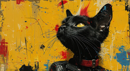 a painting of a black cat with a red mohawk on it's head and a black leather jacket on it's chest.