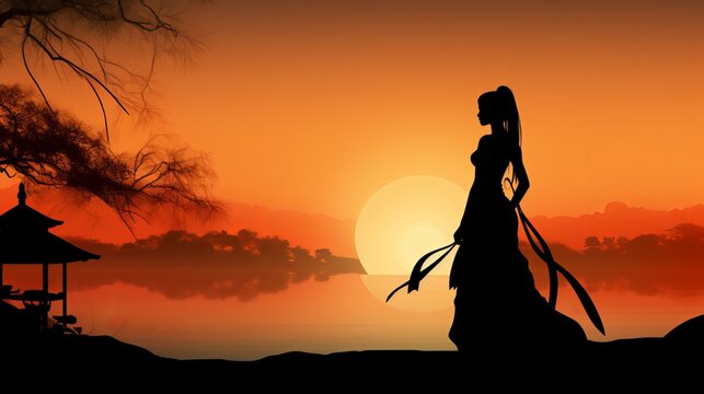 A mysterious Oriental woman silhouette against a sunset backdrop adds an enchanting touch to any setting.