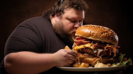 The middle-aged man, with a noticeable belly, looks eager to dig into the substantial hamburger on the table.