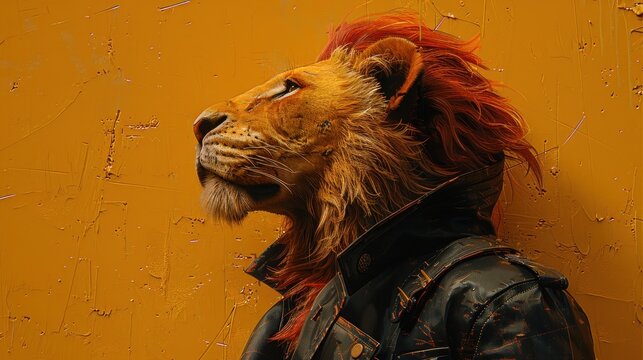 a lion's head with red hair and a leather jacket on, against a yellow wall with peeling paint.