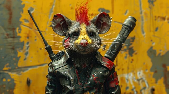 a rat with red hair and a leather jacket holding two guns in front of a yellow wall with peeling paint.