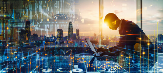 Financial Growth Concept in Cityscape, Digital Graphs and Charts Over Urban Skyline, Business and Finance Analysis