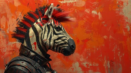 a painting of a zebra with a mohawk on it's head and a leather jacket on it's shoulders.