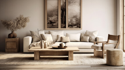 A modern living room featuring natural materials such as wood furniture and jute rugs 