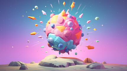 Cartoon meteorite of pink and blue, fragments flying in all directions, impacting barren landscape