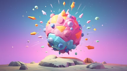 Poster Cartoon meteorite of pink and blue, fragments flying in all directions, impacting barren landscape © DavoeAnimation