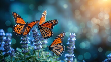 a group of three orange butterflies flying over a blue plant with purple flowers in front of a blurry background.
