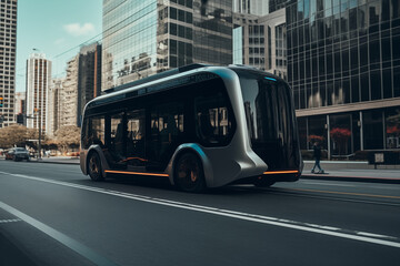 Self driving bus. Autonomous bus driving in city. Future Electric passenger buse. Self-driving passenger electric bus. Public electric E-bus. Driverless bus line with 5g autonomous driving buses.