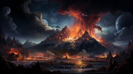 painted historic old exploding vulcano - obrazy, fototapety, plakaty