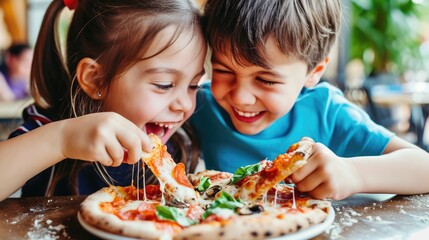 With genuine delight, the kids eagerly savor their pizza, their enthusiasm adding to the lively ambiance of the pizza place.