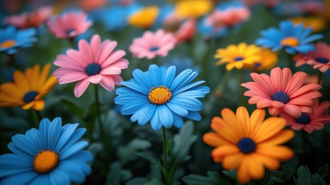 a close up of a bunch of flowers with one blue and one yellow flower in the middle of the picture.