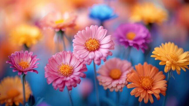 a close up of a bunch of flowers with many colors of flowers in the middle of the picture and a blurry background.