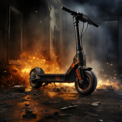 a burning scooter blazes with fire, Firefighters spray water on burning scooters on a street during a demonstration
