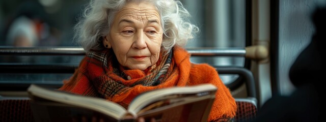 old woman rides the subway or public transport and read book.  self care, relation, enjoy concept. - obrazy, fototapety, plakaty