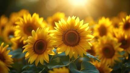 Fototapeta premium a large field of yellow sunflowers with the sun shining through the center of the sunbursts.