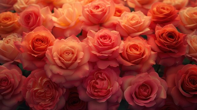 a close up of a bunch of pink and orange roses with a green stem in the middle of the picture.