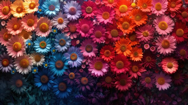 a bunch of colorful flowers that are in the middle of a wall with a lot of flowers in the middle of the wall.
