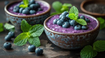 a close up of two bowls of food with blueberries and mint leaves on the side of the two bowls. - obrazy, fototapety, plakaty