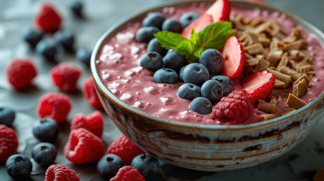 a close up of a bowl of food with berries and waffles on a table next to raspberries.