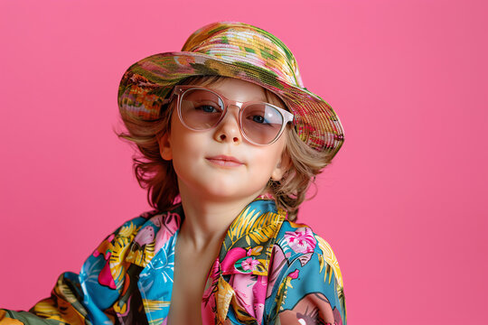 Girl in summer clothes, ready for her vacation at the beach, red background.