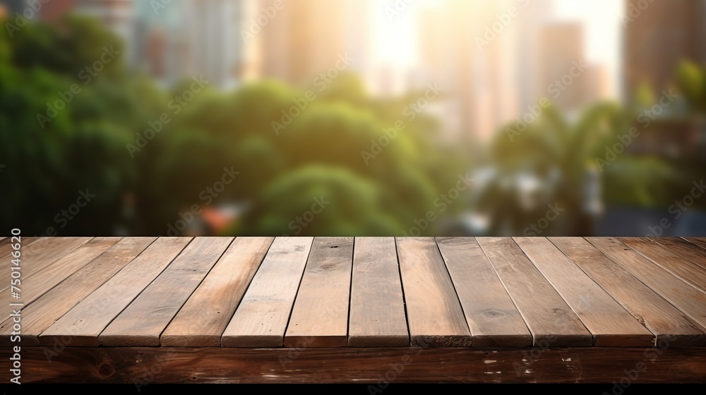 Poster a wood table bar texture complements a serene garden view outside the window, creating a tranquil se