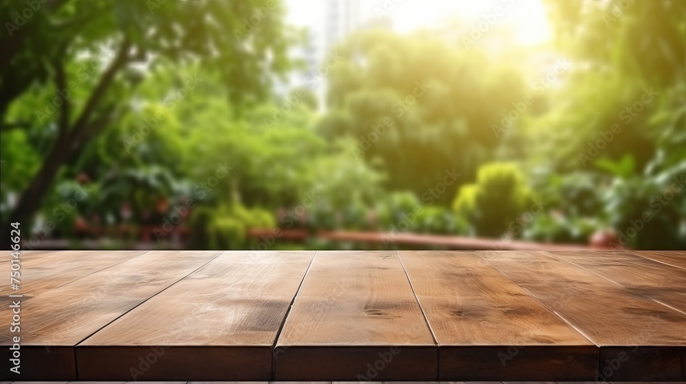 Poster a wood table bar texture complements a serene garden view outside the window, creating a tranquil se