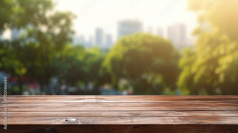Poster a wood table bar texture complements a serene garden view outside the window, creating a tranquil se