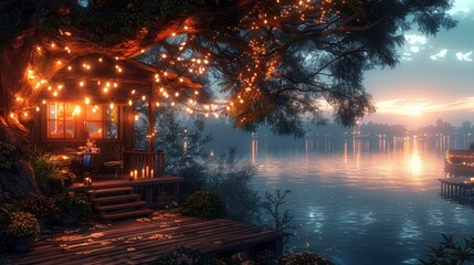 a night scene of a lake with a dock and a house with lights on it and a boat in the water.
