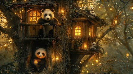 a couple of panda bears sitting on top of a tree house next to a couple of pandas sitting on top of a tree house.