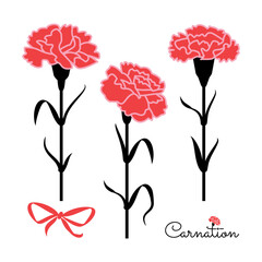 Red Carnation flat icon with stems and leaves. Flower stencils. Floral decorative isolated elements.