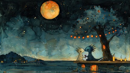 a painting of a dragon and a dog sitting on a dock under a tree with a full moon in the background. - obrazy, fototapety, plakaty