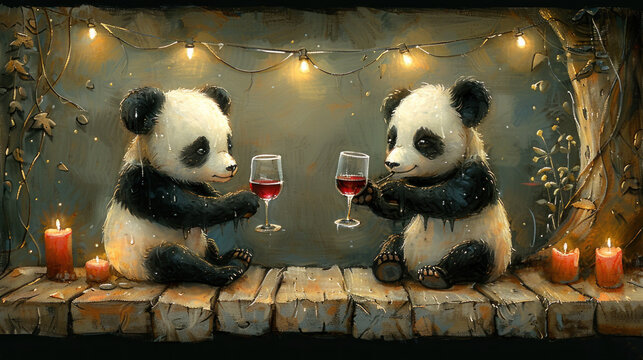 a painting of two panda bears sitting on a ledge with wine glasses in their hands and candles in front of them.