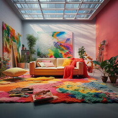A modern living room with a colorful rug made from upcycled fabric scraps