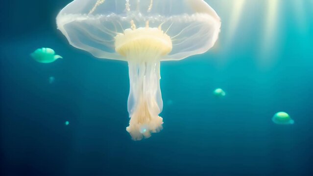 A jellyfish floats serenely, illuminated by sunlight from above. Captures the ocean's calm and the grace of marine life.