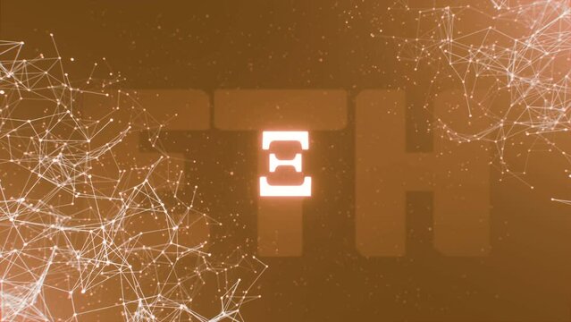 Plexus of connected lines and Ethereum symbol. Rotating glowing neon ETH sign