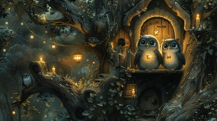 a couple of owls sitting on top of a tree stump in front of a lit up door in a forest.
