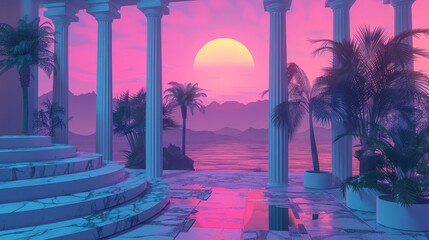 A 3D rendering combining Retrowave City Pop design, set against a Vaporwave color palette background