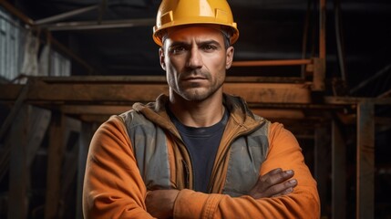 A sturdy worker in a helmet and specialized attire stands confidently, arms crossed, gazing at the camera.