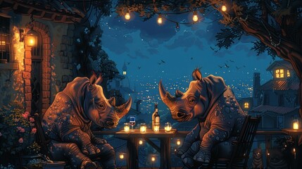 a painting of two rhinos sitting at a table in front of a night scene of a city with lights. - obrazy, fototapety, plakaty