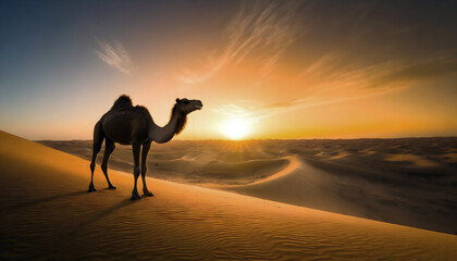 A lonely camel stands under the sunset desert in Dammam desert, Saudi Arabia.