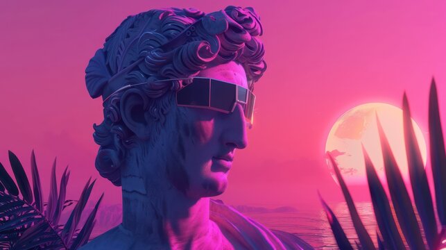 A 3D rendering intertwining Retrowave City Pop design and Greek sculpture elements against a Vaporwave color palette background.