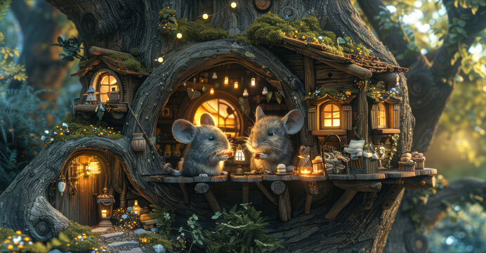 a painting of two mice sitting at a table in front of a tree with a house built into the trunk of a tree.