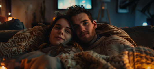 Underneath a blanket fort in the living room, a couple shares a nostalgic movie night