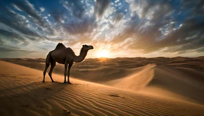 Foto op Plexiglas A lonely camel stands under the sunset desert in Dammam desert, Saudi Arabia. © AFZALKHAN