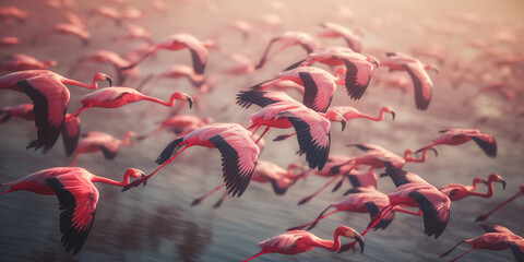 Close up of beautiful African flamingos that are standing in still water with reflection. flying over a pond - obrazy, fototapety, plakaty