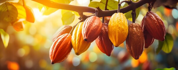 Closeup of cacao fruit on the tree ready for harvest blurred backgroundcopy space solid background....