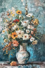 A painting of a vase of flowers in muted colors, suitable for wall art, wallpaper, and printing design © Matthew